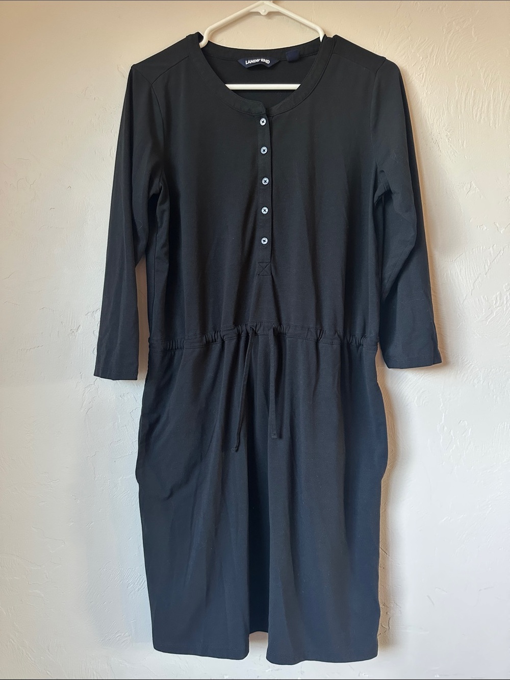 Lands' End Black Henley Drawstring Midi Dress